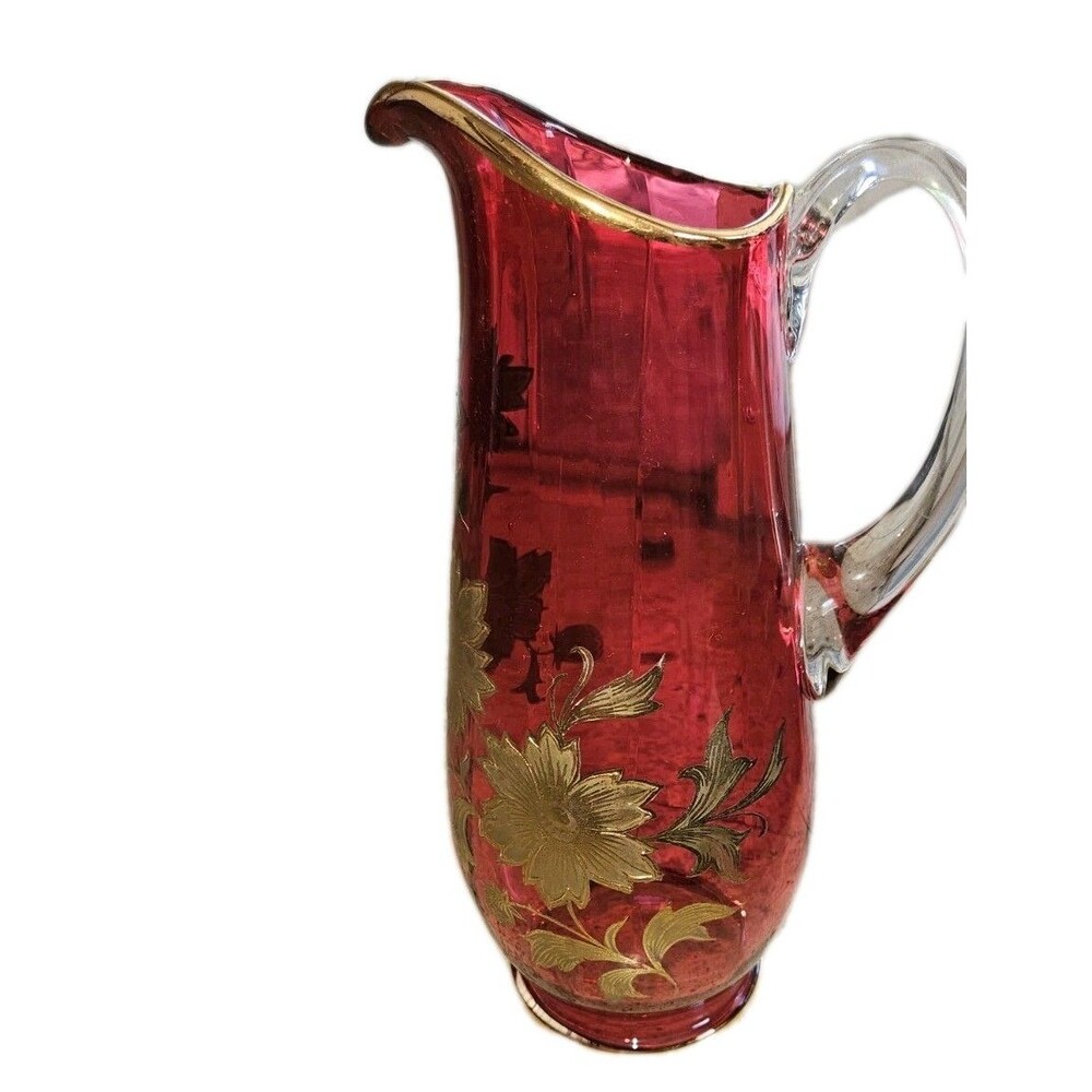Vintage Antique Bohemian Cranberry Glass Pitcher w/ Painted Flowers Decoration